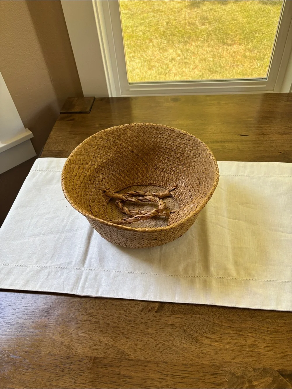 Boho Handwoven Seagrass Storage Basket with Braided Handles - Natural Tan